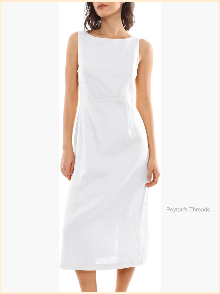 100% Linen Sleeveless Boat Neck Midi Dress With Slit Back Zipper